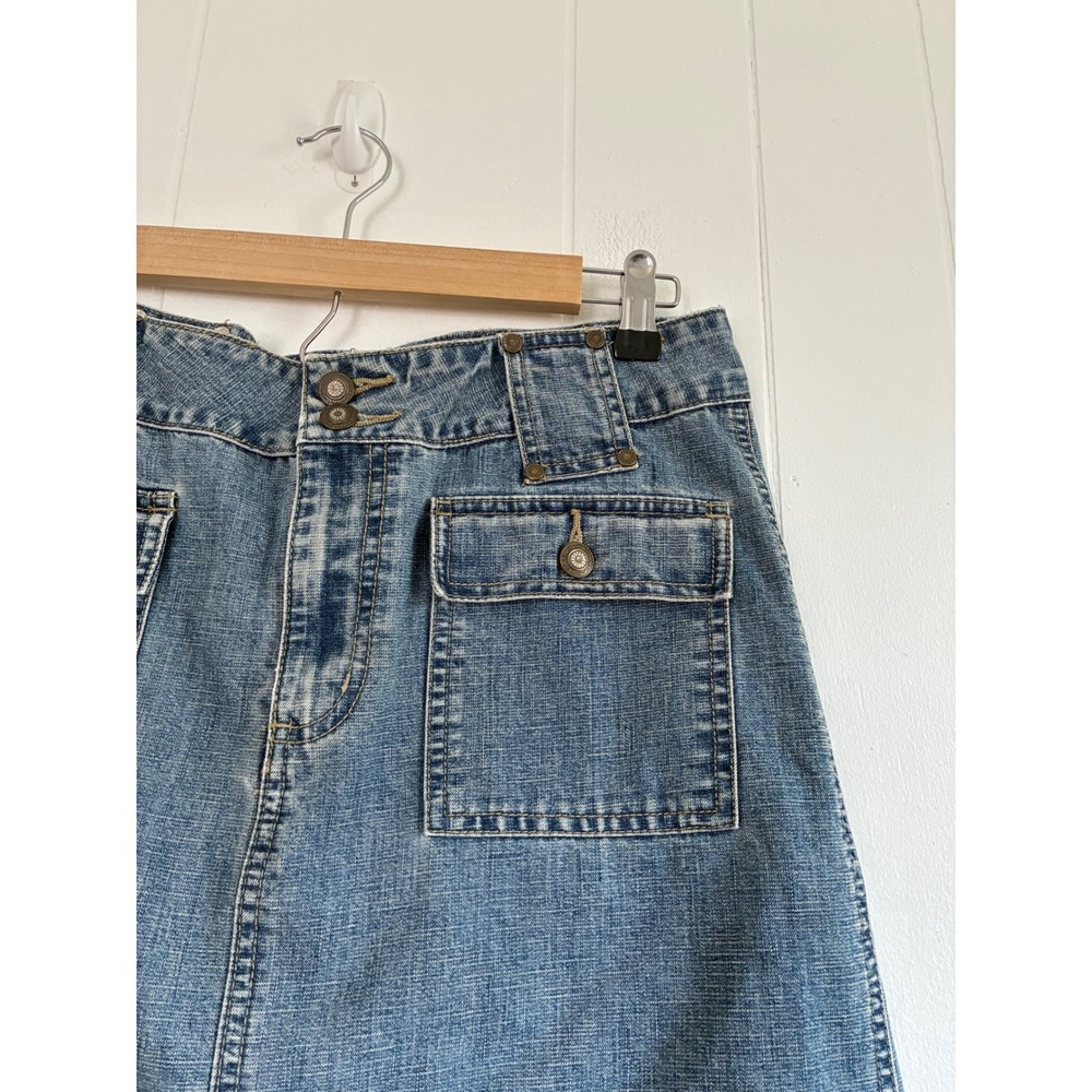 Faded Glory Denim Mini‎ Skirt White Eyelet Lace Ruffle Hem Y2K Medium Wash Blue - Picture 3 of 5